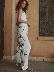 Ecru/Navy Palm Print Linen Blend Wide Leg Trousers - Image 3 of 8