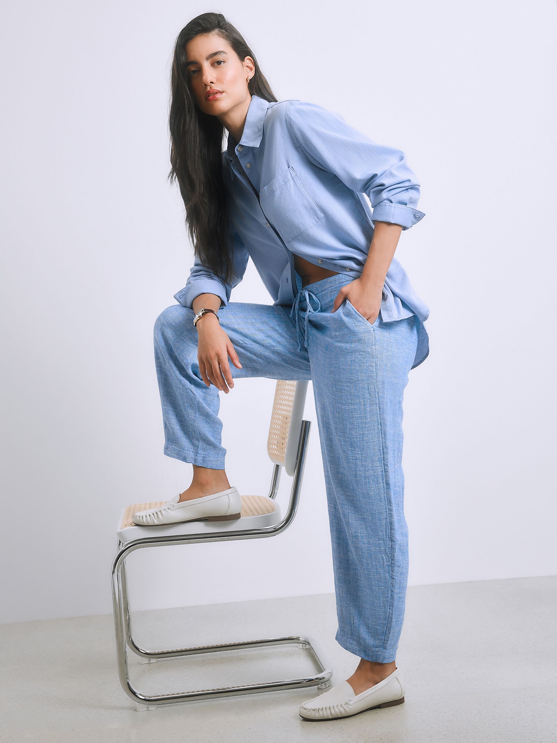 Buy Chambray Blue Linen Blend Barrel Leg Trousers from Next USA