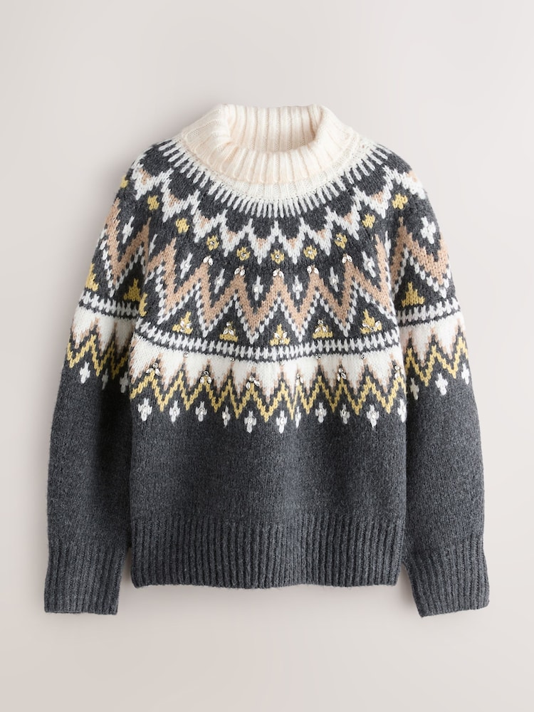 Nothing Ordinary Charcoal Grey Embellished Fairisle High Neck Jumper - Image 9 of 9 Nothing Ordinary Charcoal Grey Embellished Fairisle High Neck Jumper - Image 9 of 9