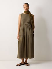 Jigsaw Olive Green Fine Crinkle Jersey Maxi Dress - Image 1 of 6