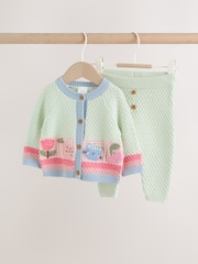 Sage Green Crochet Animal Knitted Cardigan and Legging Baby Set (0mths-2yrs) - Image 1 of 14