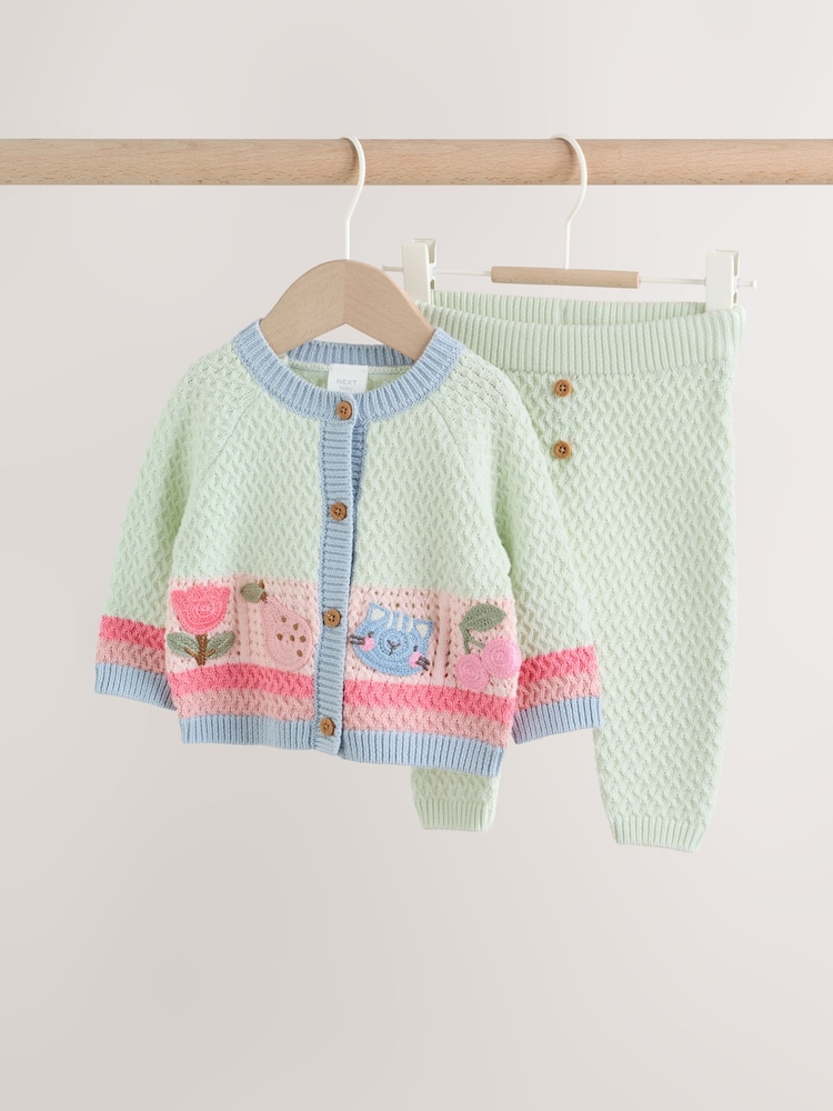 Sage Green Crochet Animal Knitted Cardigan and Legging Baby Set (0mths-2yrs) - Image 1 of 14