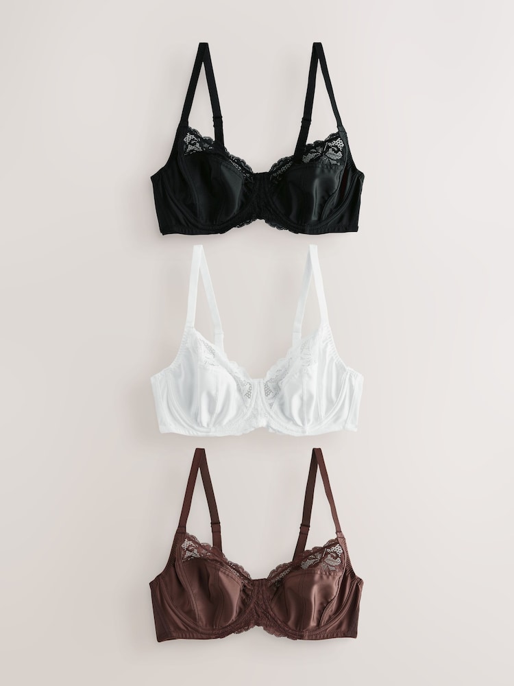 Black/White/Chocolate Nude DD+ Non Pad Full Cup Bras with Side Support 3 Pack - Image 1 of 6
