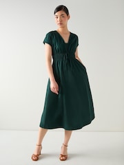 LK Bennett Green Emi Pine Grove Cotton Scallop Trim Cotton Tie Detail Dress - Image 2 of 4