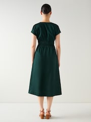 LK Bennett Green Emi Pine Grove Cotton Scallop Trim Cotton Tie Detail Dress - Image 3 of 4