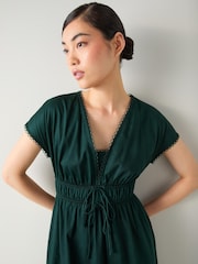 LK Bennett Green Emi Pine Grove Cotton Scallop Trim Cotton Tie Detail Dress - Image 4 of 4