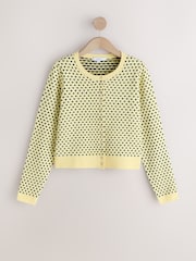 Yellow Polka Dot Slim Supersoft Crew Neck Cardigan with Wool - Image 6 of 8