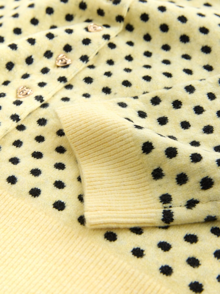 Yellow Polka Dot Slim Supersoft Crew Neck Cardigan with Wool - Image 8 of 8
