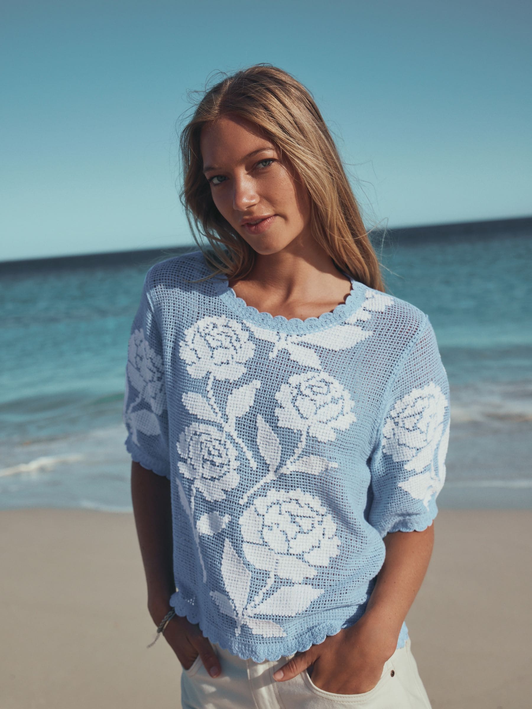 Buy Blue/White Floral Crochet Short Sleeve Crew Neck T-Shirt from