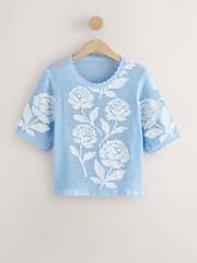 Blue/White Short Sleeve Floral Crochet Crew Neck T-Shirt - Image 1 of 3