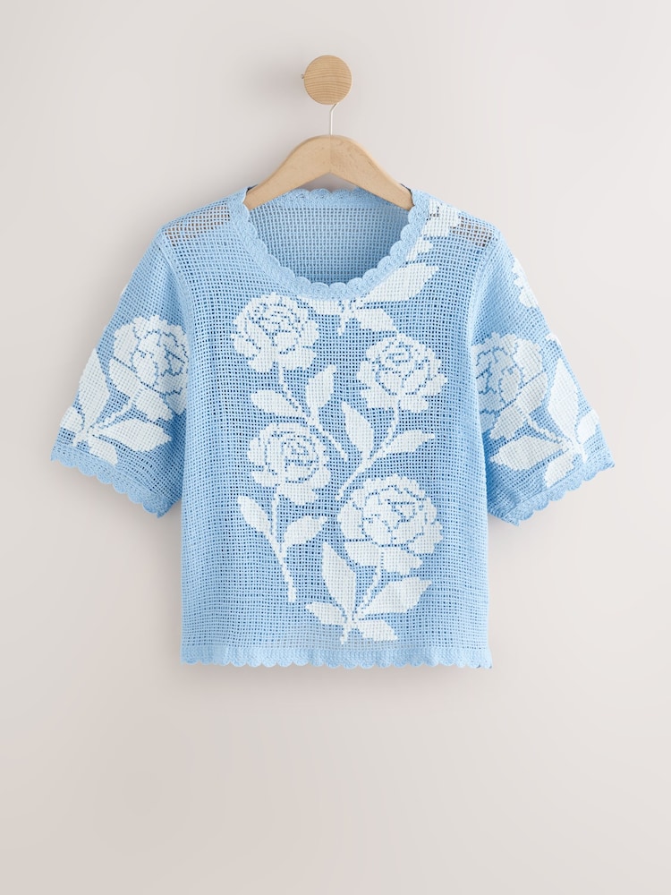 Blue/White Short Sleeve Floral Crochet Crew Neck T-Shirt - Image 1 of 3