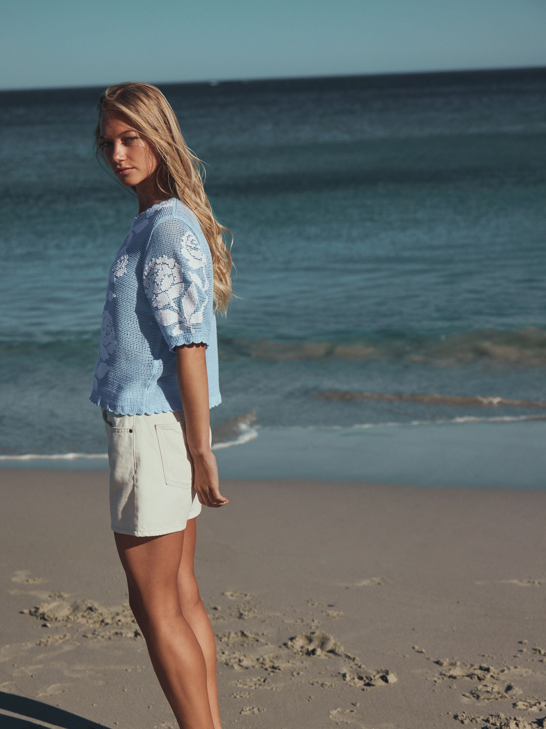Buy Blue/White Floral Crochet Short Sleeve Crew Neck T-Shirt from