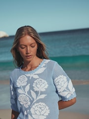 Blue/White Short Sleeve Floral Crochet Crew Neck T-Shirt - Image 4 of 7