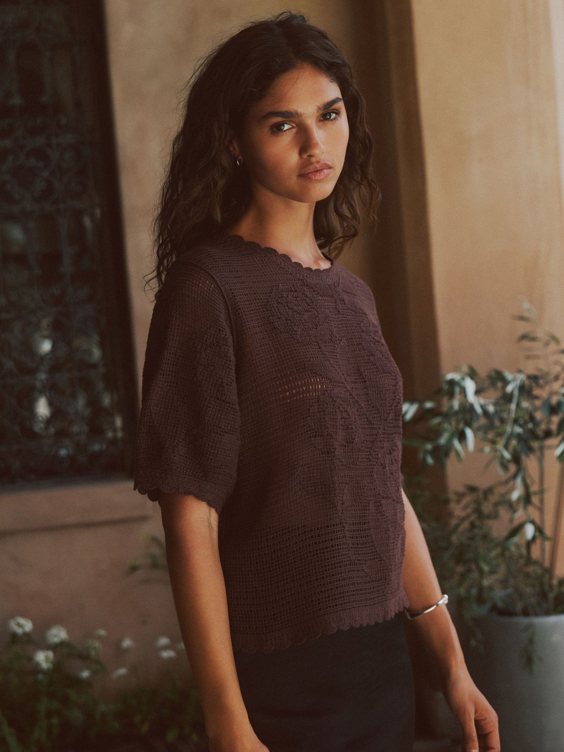 Buy Chocolate Brown Floral Crochet Short Sleeve Crew Neck T-Shirt