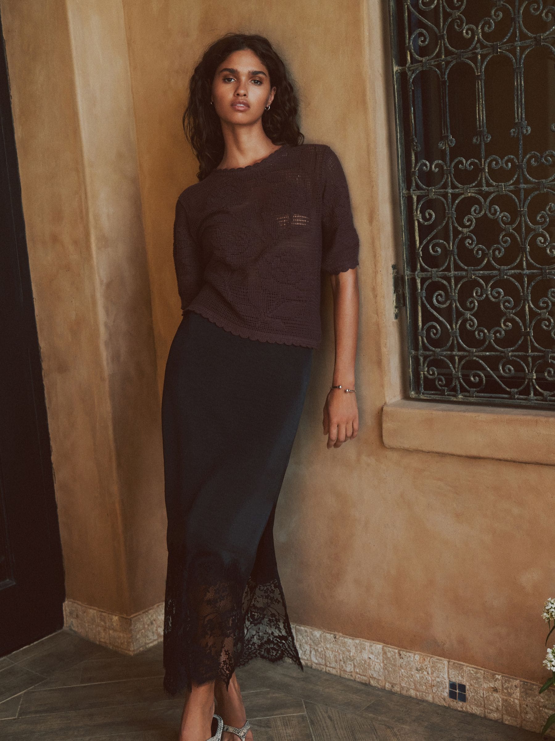 Buy Chocolate Brown Floral Crochet Short Sleeve Crew Neck T-Shirt