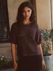 Chocolate Brown Short Sleeve Floral Crochet Crew Neck T-Shirt - Image 4 of 8