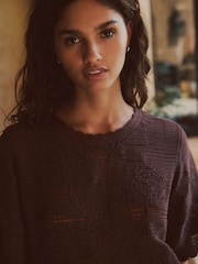 Chocolate Brown Short Sleeve Floral Crochet Crew Neck T-Shirt - Image 5 of 8