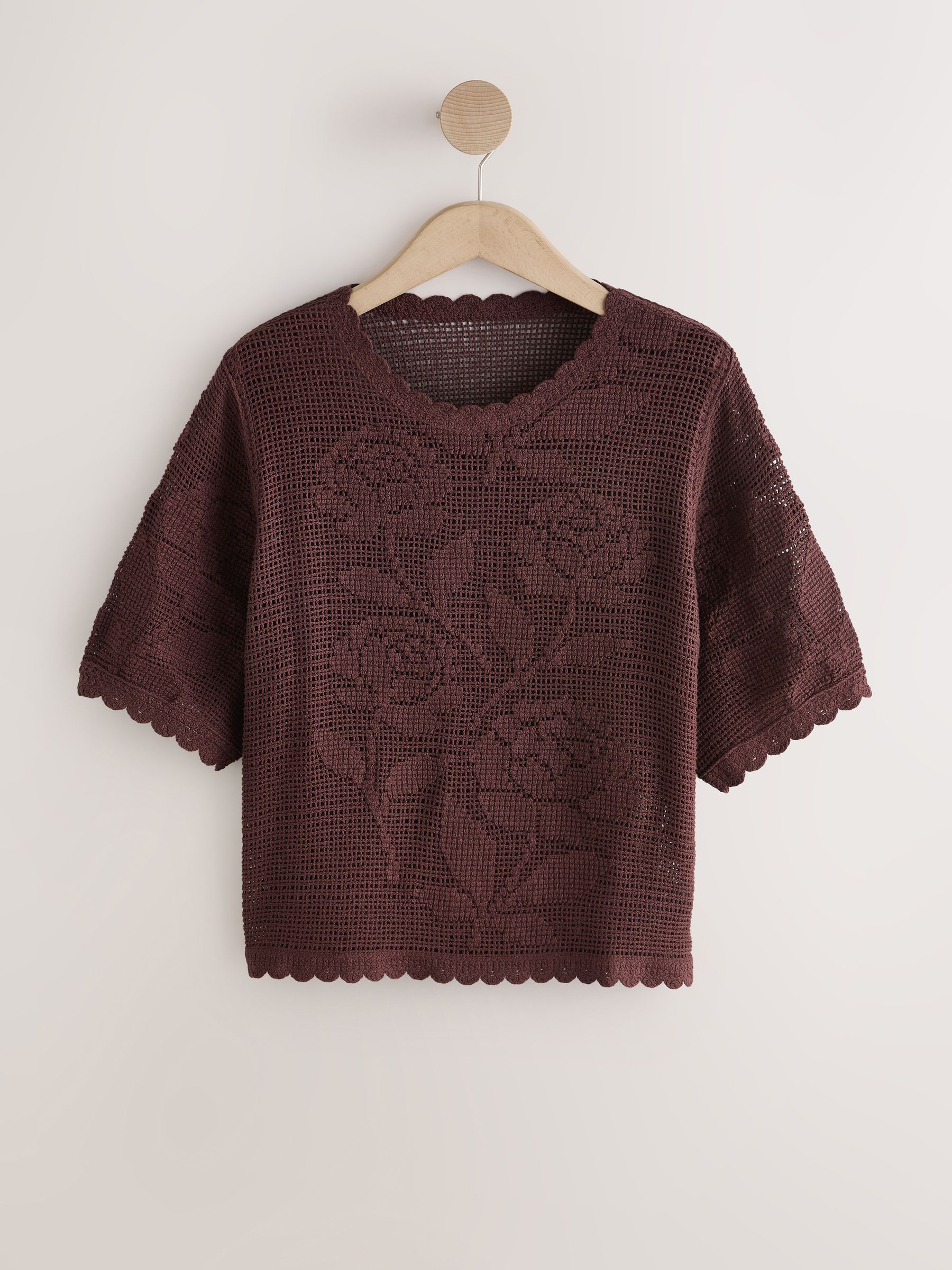 Buy Chocolate Brown Floral Crochet Short Sleeve Crew Neck T-Shirt