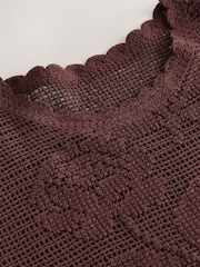 Chocolate Brown Short Sleeve Floral Crochet Crew Neck T-Shirt - Image 8 of 8