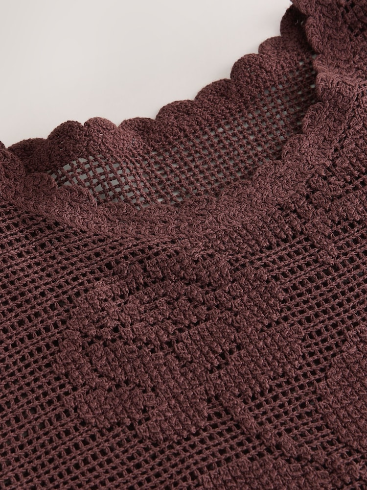 Chocolate Brown Short Sleeve Floral Crochet Crew Neck T-Shirt - Image 8 of 8