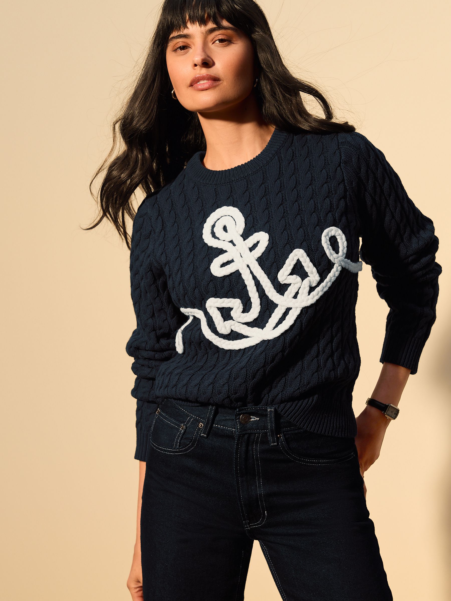 【NAVY】Rope embroidered sweatshirt Buy Navy Blue Rope Anchor Embroidered Cotton Blend Knitted Jumper