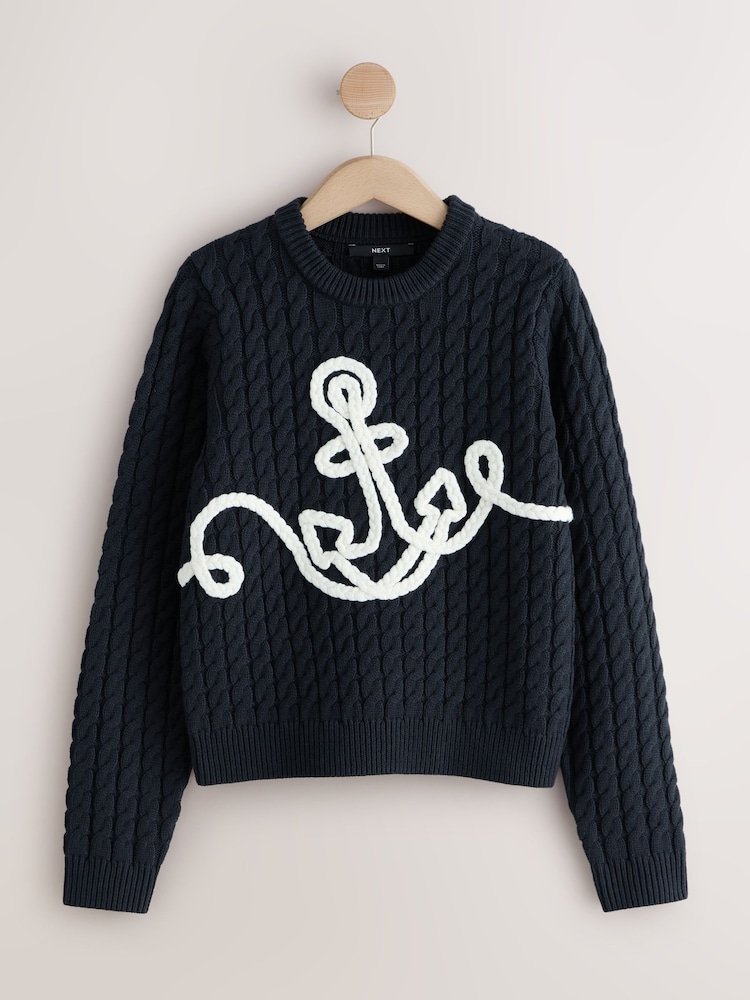 Navy Blue Cotton Blend Rope Detail Anchor Knitted Jumper - Image 1 of 3 Navy Blue Cotton Blend Rope Detail Anchor Knitted Jumper - Image 1 of 3