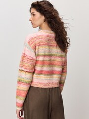 Coral Pink/Orange Spacedye Knitted Crew Neck Cardigan - Image 3 of 8