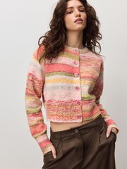 Coral Pink/Orange Spacedye Knitted Crew Neck Cardigan - Image 4 of 8