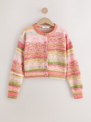 Coral Pink/Orange Spacedye Knitted Crew Neck Cardigan - Image 6 of 8