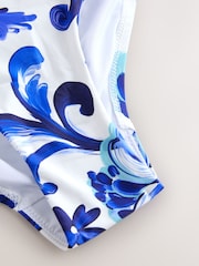 White/Blue Porcelain High Waist Ruched Bikini Bottoms - Image 6 of 6