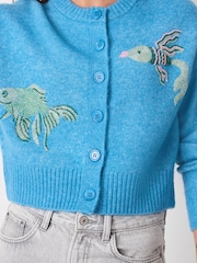 Blue Beaded Fish Crew Neck Knitted Cardigan - Image 5 of 9