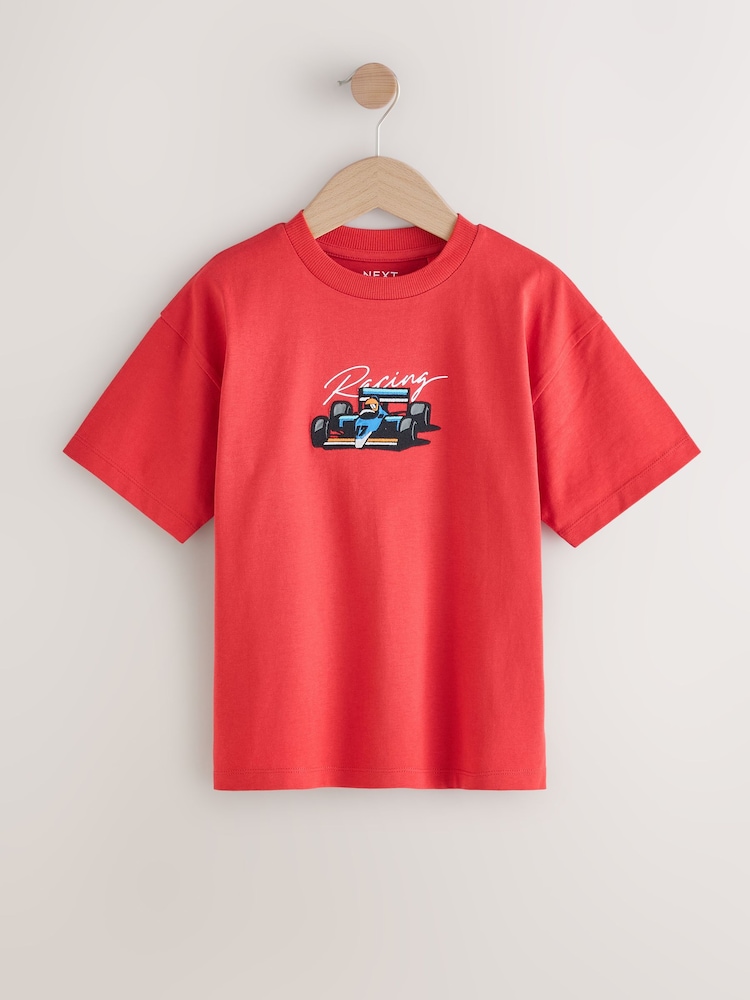 Red Car Embroidery Relaxed Fit Short Sleeve Graphic T-Shirt (3-16yrs) - Image 1 of 4 Red Car Embroidery Relaxed Fit Short Sleeve Graphic T-Shirt (3-16yrs) - Image 1 of 4