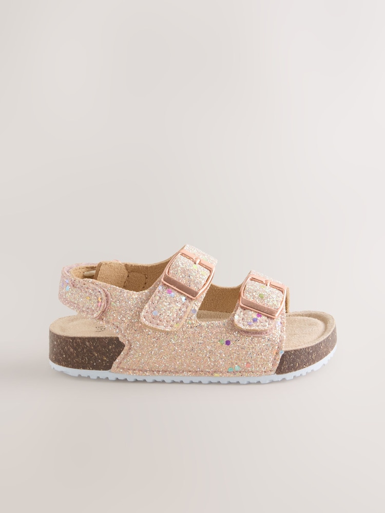 Rose Gold Glitter Standard Fit (F) Corkbed Double Two Strap Sandals - Image 2 of 5 Rose Gold Glitter Standard Fit (F) Corkbed Double Two Strap Sandals - Image 2 of 5