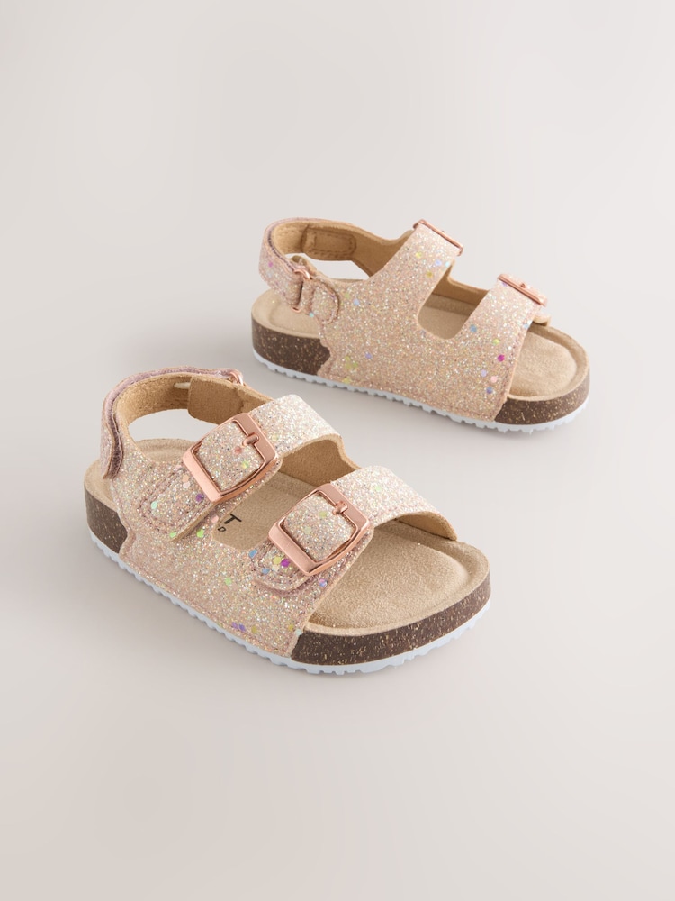 Rose Gold Glitter Wide Fit (G) Corkbed Double Two Strap Sandals - Image 1 of 1 Rose Gold Glitter Wide Fit (G) Corkbed Double Two Strap Sandals - Image 1 of 1