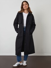 Threadbare Black Longline Hooded Trench Coat - Image 1 of 4