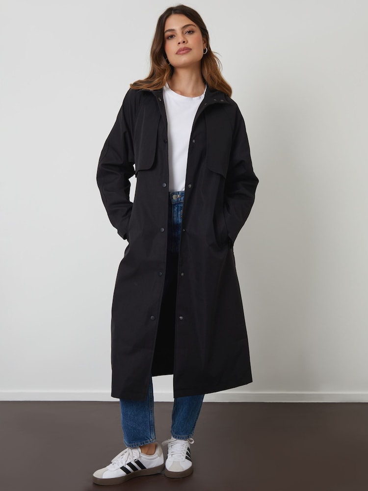 Threadbare Black Longline Hooded Trench Coat - Image 1 of 4