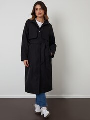 Threadbare Black Longline Hooded Trench Coat - Image 3 of 4