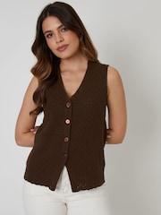 Threadbare Brown Threadbare Pointelle Knit Button Up Waistcoat Vest - Image 1 of 4