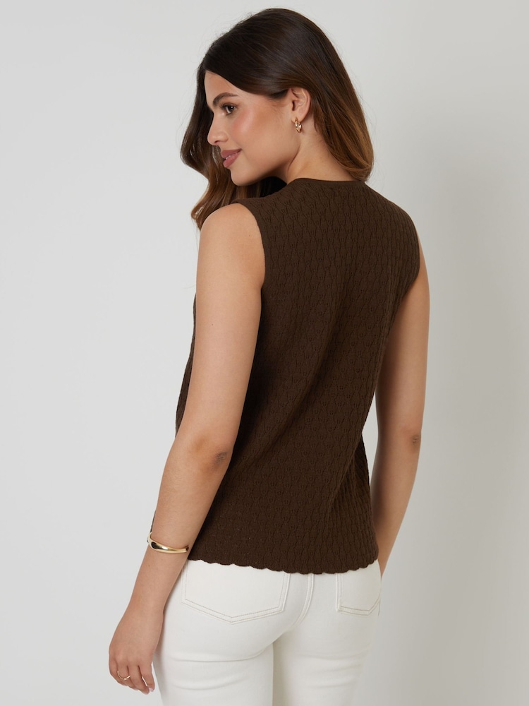 Threadbare Brown Threadbare Pointelle Knit Button Up Waistcoat Vest - Image 2 of 4