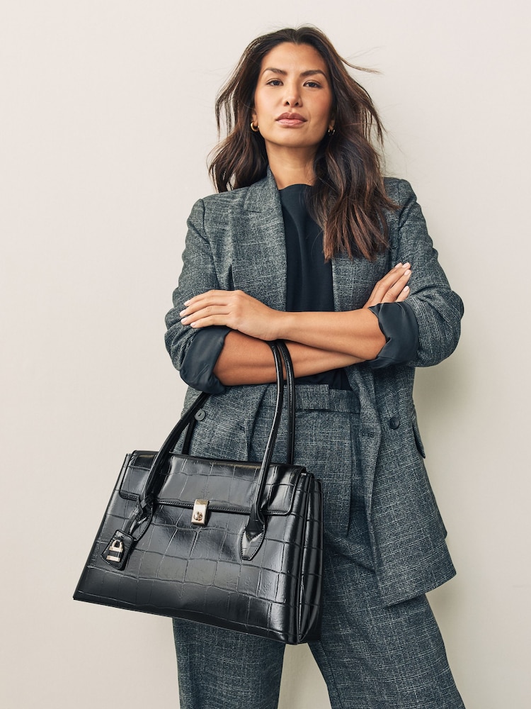 Black Croc Effect Shoulder Bag - Image 1 of 8 Black Croc Effect Shoulder Bag - Image 1 of 8