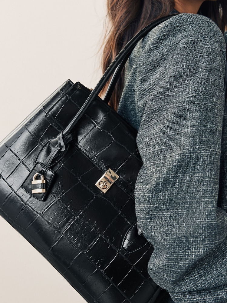 Black Croc Effect Shoulder Bag - Image 2 of 8 Black Croc Effect Shoulder Bag - Image 2 of 8