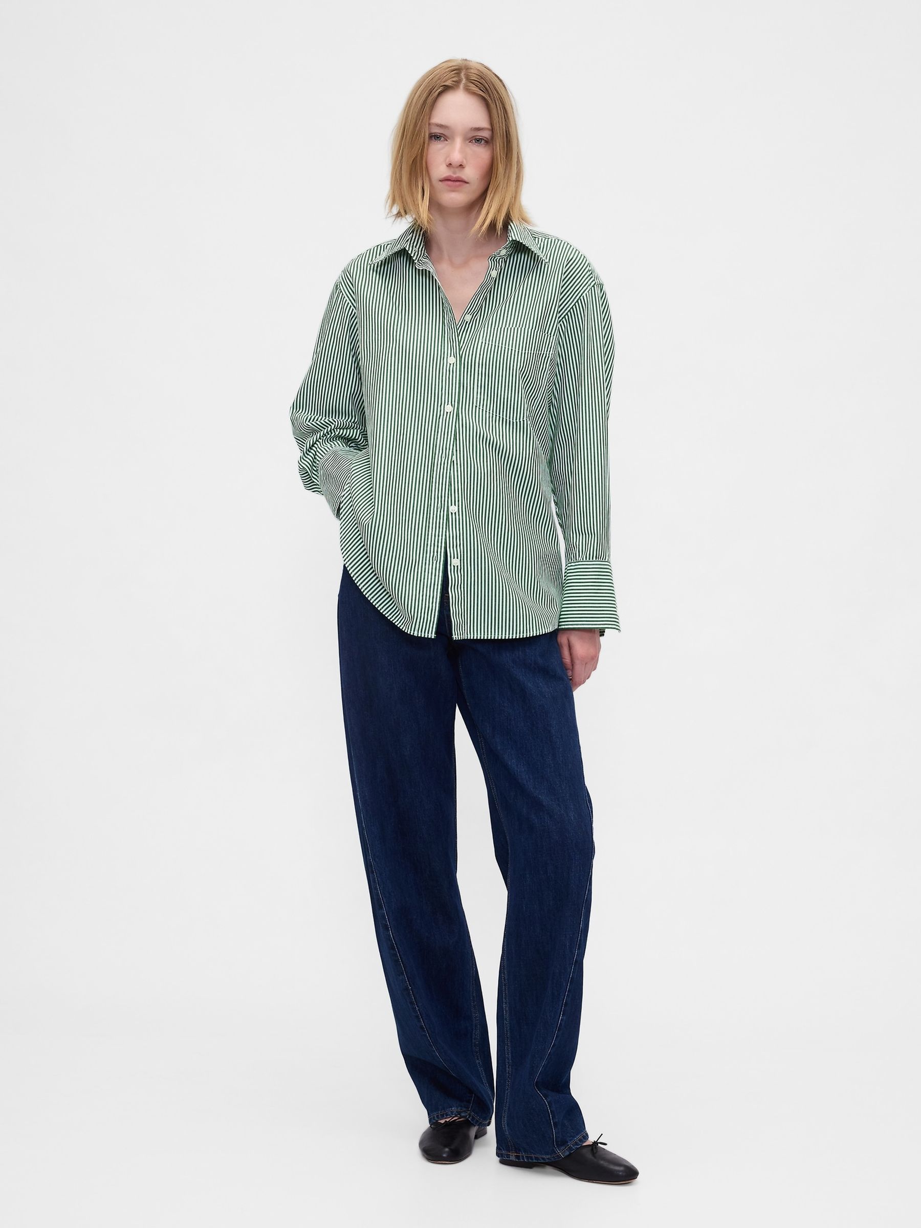 Buy Gap Dark Green/White Stripe Poplin Big Shirt from the Next UK