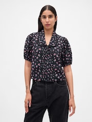 Gap Black/Pink Floral Puff Sleeve Collared Top - Image 1 of 4