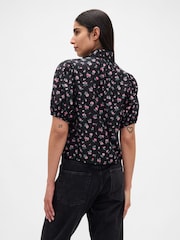 Gap Black/Pink Floral Puff Sleeve Collared Top - Image 2 of 4