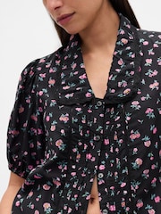 Gap Black/Pink Floral Puff Sleeve Collared Top - Image 3 of 4