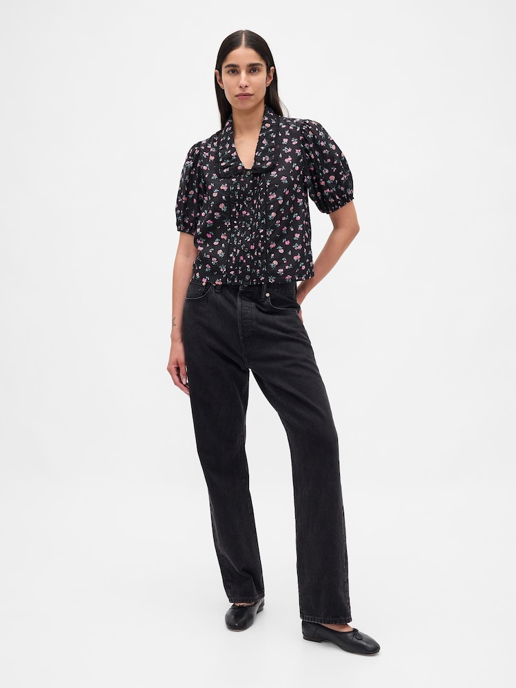 Gap Black/Pink Floral Puff Sleeve Collared Top - Image 4 of 4 Gap Black/Pink Floral Puff Sleeve Collared Top - Image 4 of 4