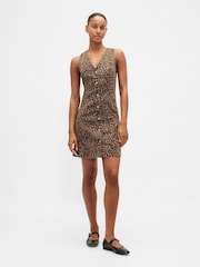 Gap Brown Leopard Print V-Neck Mini Denim Dress - Image 1 of 4