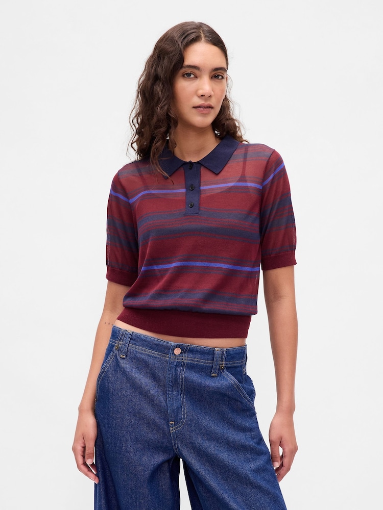 Gap Red Stripe Gap Sheer Crop Polo Jumper - Image 1 of 4