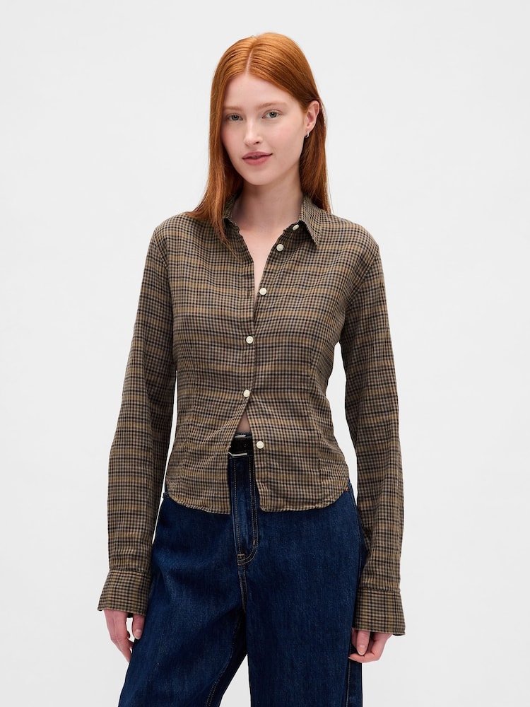 Gap Brown Check Flannel Fitted Check Shirt - Image 1 of 3