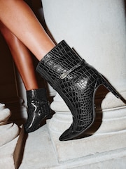 Lipsy Black Faux Leather Branded High Stiletto Heel Smart Ankle Boots - Image 3 of 6